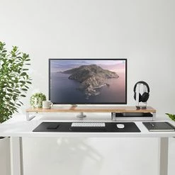 HumanCentric Workspace Collection Bundle | Walnut And Aluminum Desk Shelf With Storage Drawer, Wrist Rest, Headphone Stand, And Desk Mat