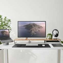 HumanCentric Workspace Collection Bundle | Walnut And Aluminum Desk Shelf With Storage Drawer, Laptop Riser, Wrist Rest, Headphone Stand, And Desk Mat