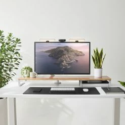 HumanCentric Workspace Collection Bundle | Walnut And Aluminum Desk Shelf With Storage Drawer, Video Conference Lights, Wrist Rest, Headphone Stand, Desk Mat